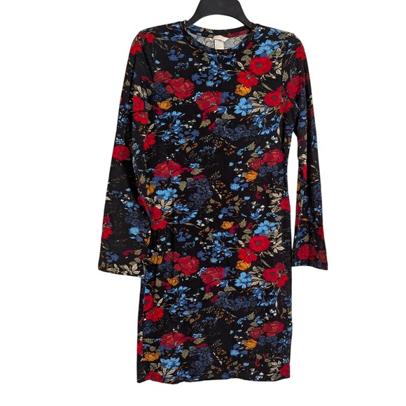 H&M Floral Dress Black Red Blue Long Sleeve Casual Career Medium - Picture 1 of 9